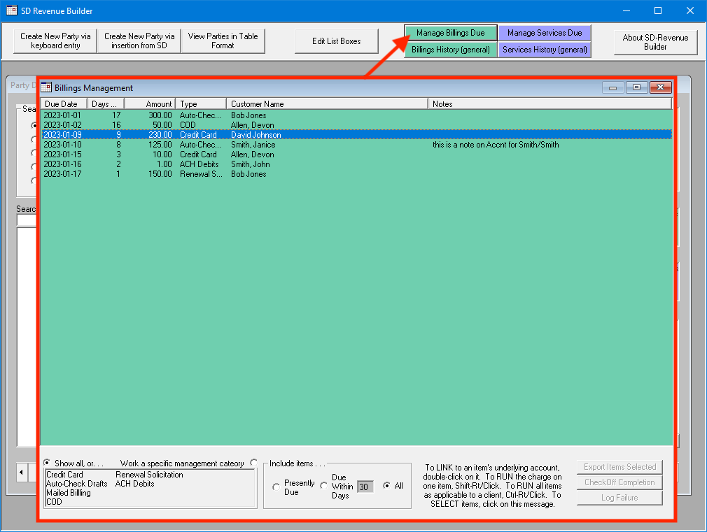 Charging billing items in SDRB